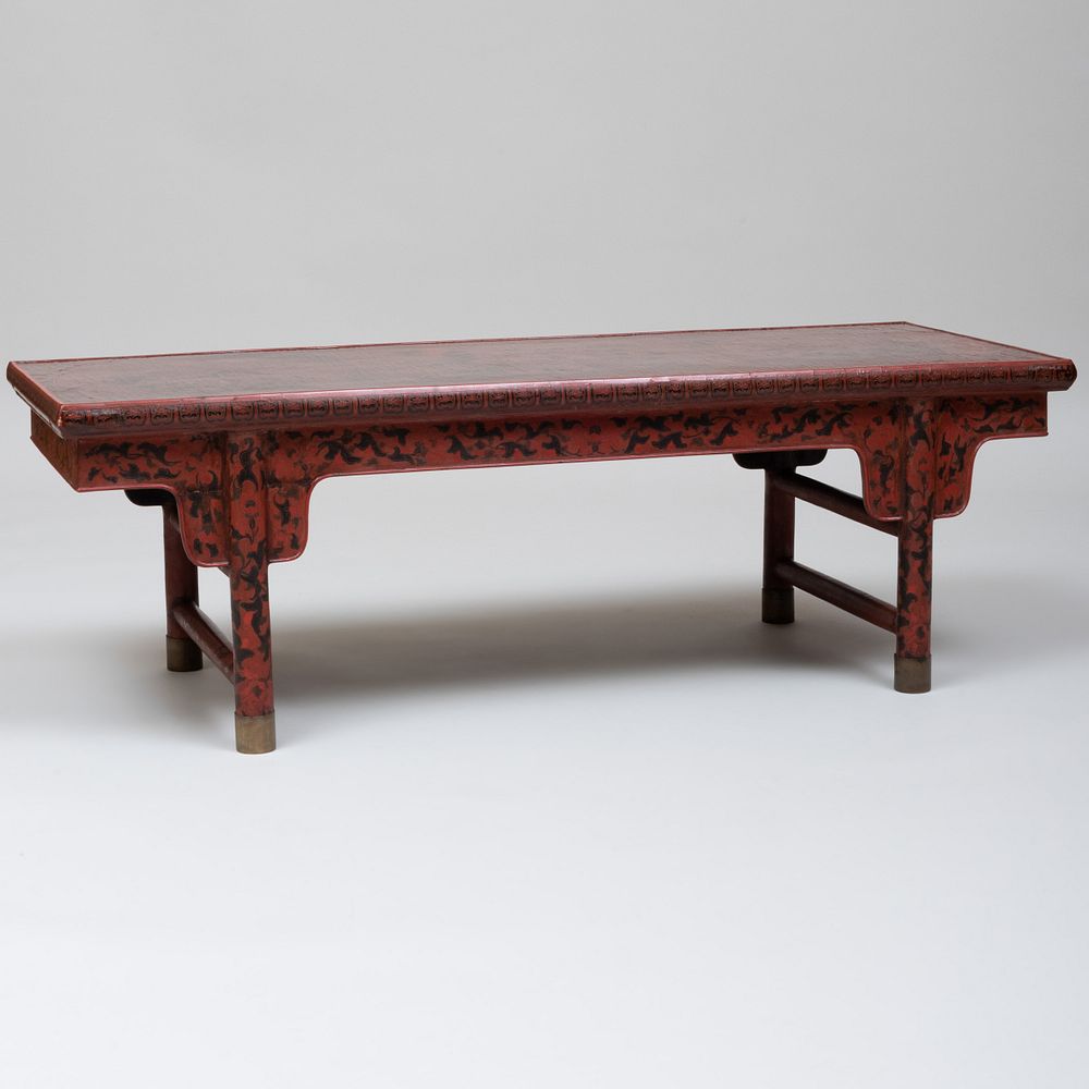 Appraisal: Chinese Red Lacquer Low Table Fitted with metal feet x