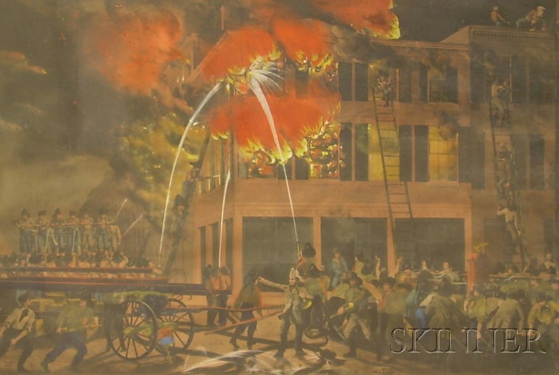 Appraisal: Framed Hand-colored Lithograph Depicting Firefighting sight size x in