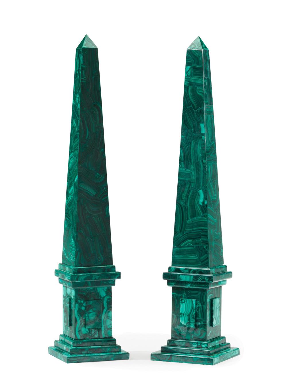 Appraisal: A pair of malachite obelisks th Century Each with malachite