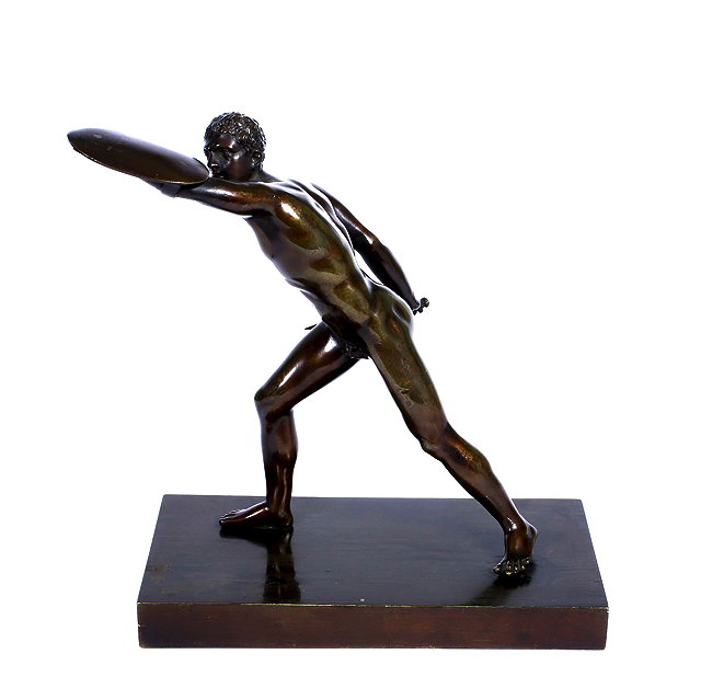 Appraisal: A BRONZE SCULPTURE AFTER THE ANTIQUE depicting a man striding