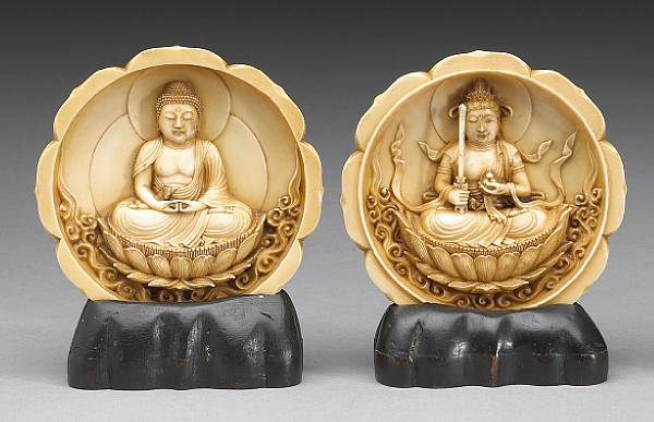 Appraisal: A carved ivory lotus-form zushi Meiji Period The exterior of