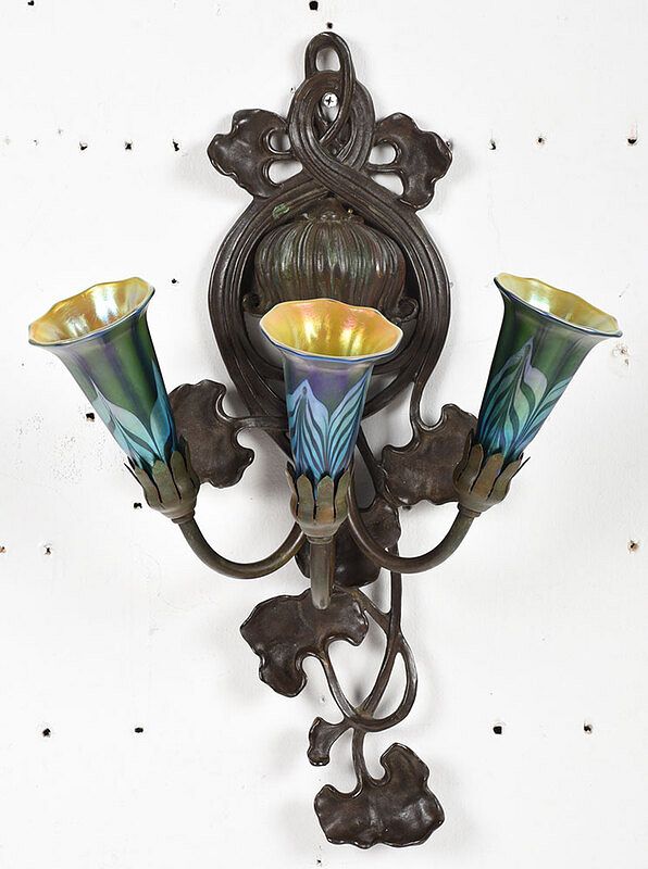 Appraisal: Bronze Sconce Orient Flume Art Glass Shades American late th