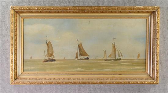 Appraisal: Oil on Panel Sailboats Sailboats with steamship on horizon Craquelure