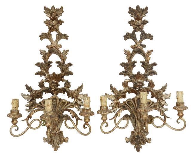 Appraisal: pair Italian silver giltwood three-light sconces early th c carved