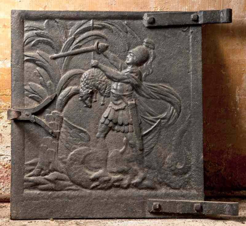 Appraisal: th Century Cast Iron Oven Doorhinged the face depicts Jason