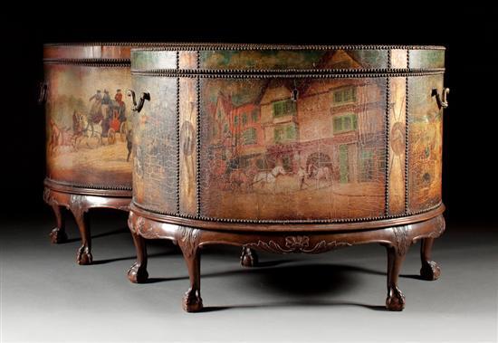 Appraisal: Pair of unusual Georgian style painted leather demilune chests on