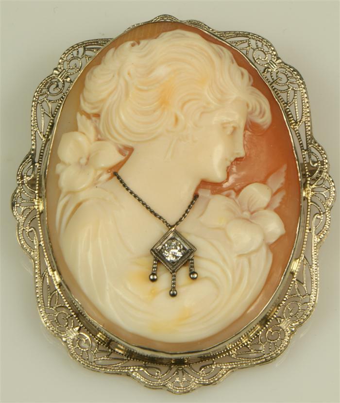 Appraisal: Carved shell cameo portrait pin in K WG filigree setting