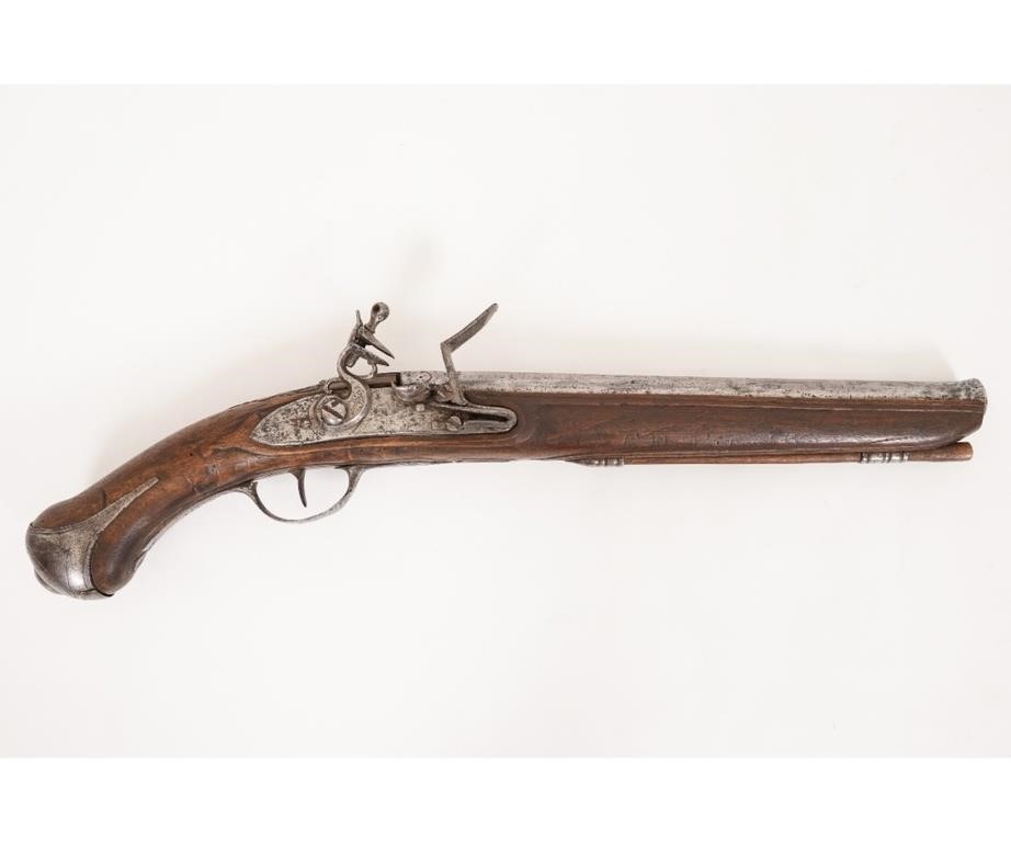 Appraisal: Large antique continental walnut flintlock pistol probably th c l