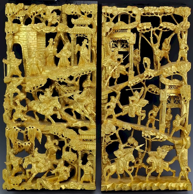 Appraisal: PAIR Chinese Deep Gold Gilt Carved Wood Panels Vintage Chinese