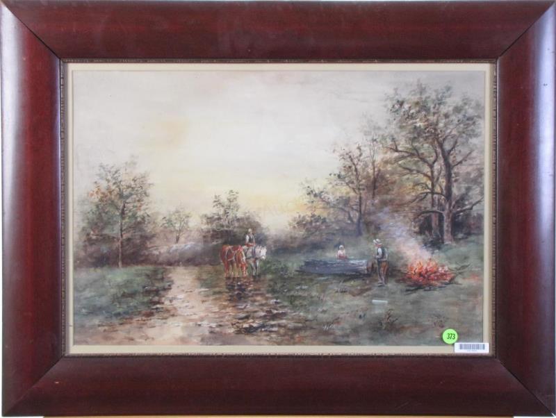 Appraisal: An antique painting watercolor depicting figures in woods burning brush