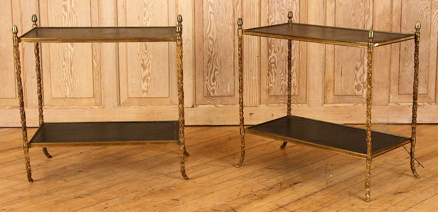 Appraisal: PAIR BRONZE LEATHER TOP SIDE TABLES BY BAGUES A pair