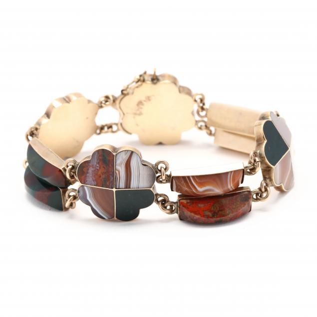 Appraisal: Gold and Inlaid Agate Bracelet Bracelet composed of scalloped quatrefoil