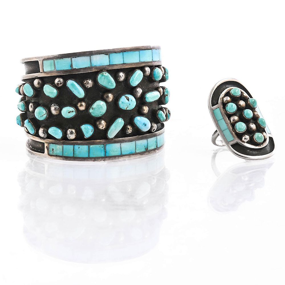 Appraisal: JOBETH MAIZE ZUNI SILVER TURQUOISE CUFF AND RING C approx