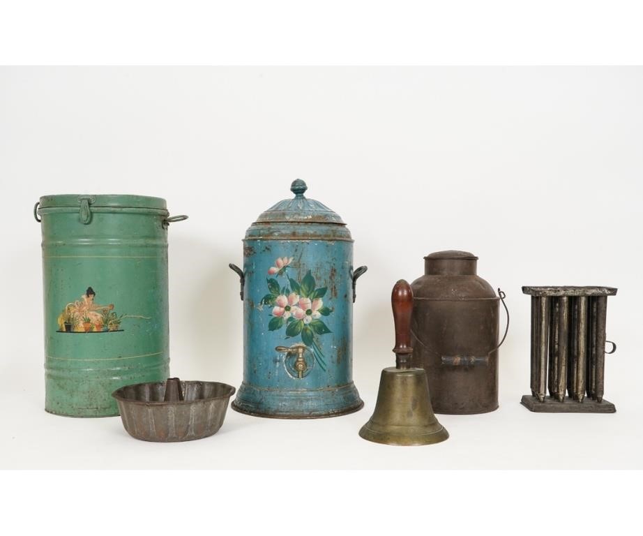 Appraisal: Tinware to include candle mold milk pail mold urn with