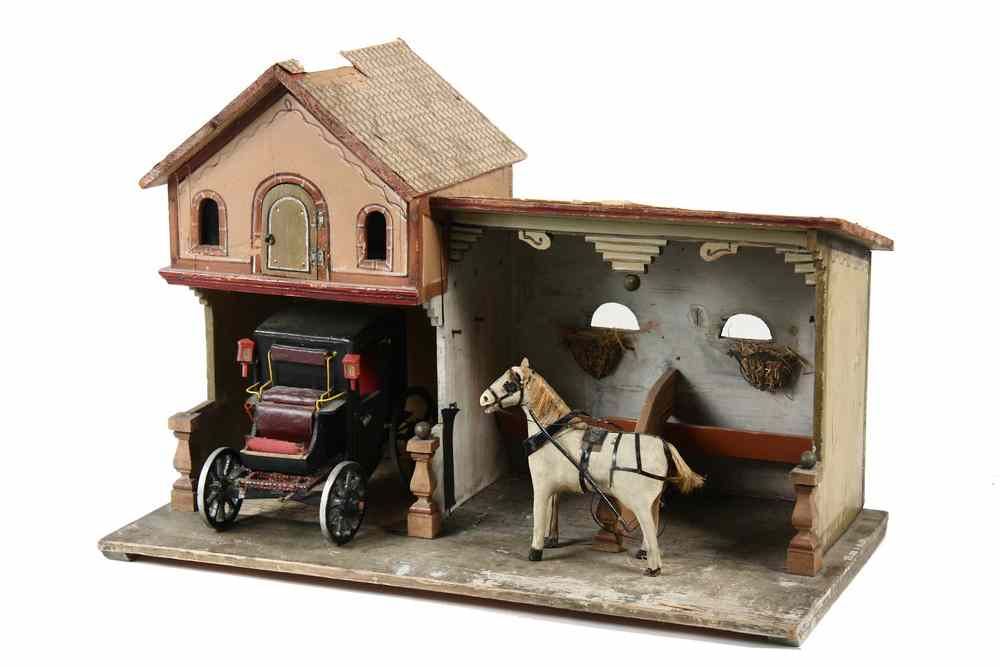 Appraisal: TOY STABLE WITH FIGURES - Paper litho over hand painted