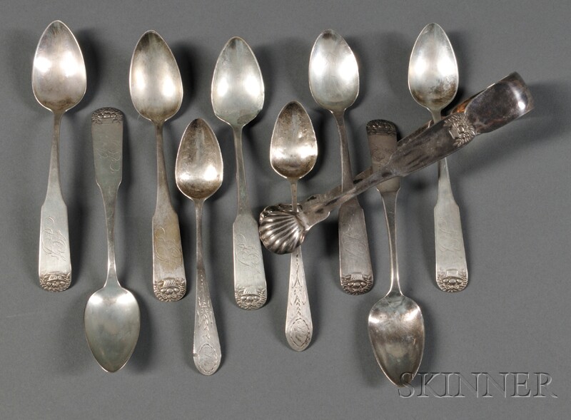 Appraisal: Nine Coin Silver Spoons and a Pair of Tongs late