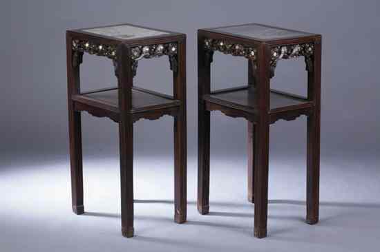 Appraisal: PAIR CHINESE SILVER AND MOTHER-OF-PEARL INLAID ROSEWOOD STANDS th century