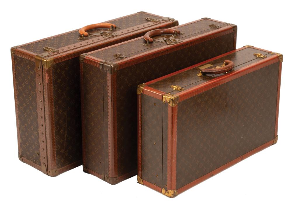 Appraisal: Three Vintage Louis Vuitton Alzer Hard-Shell Suitcases brown LV monogram