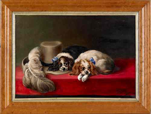 Appraisal: Oil on board of two King Charles spaniels signed lower