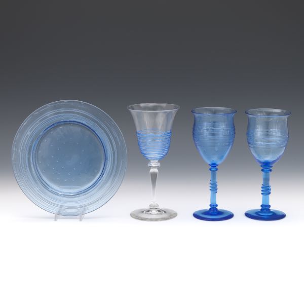 Appraisal: STEUBEN BLUE GOBLETS AND PLATE Flemish blue two goblet with