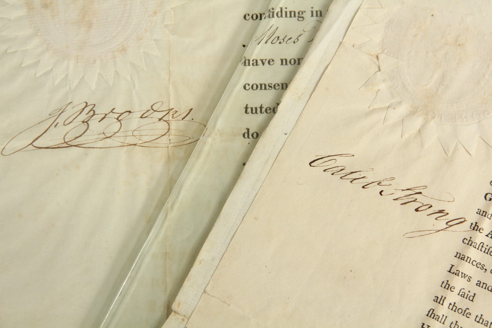 Appraisal: THREE EARLY COMMONWEALTH OF MASSACHUSETTS DOCUMENTS STRONG GERRY BROOKS AUTOGRAPHS