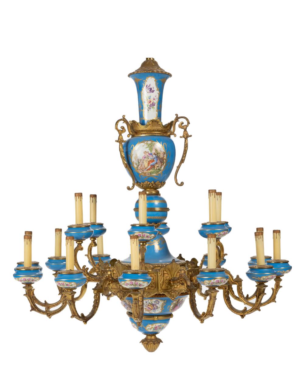 Appraisal: A S vres-style gilt-bronze and porcelain chandelier Fourth-quarter th Century