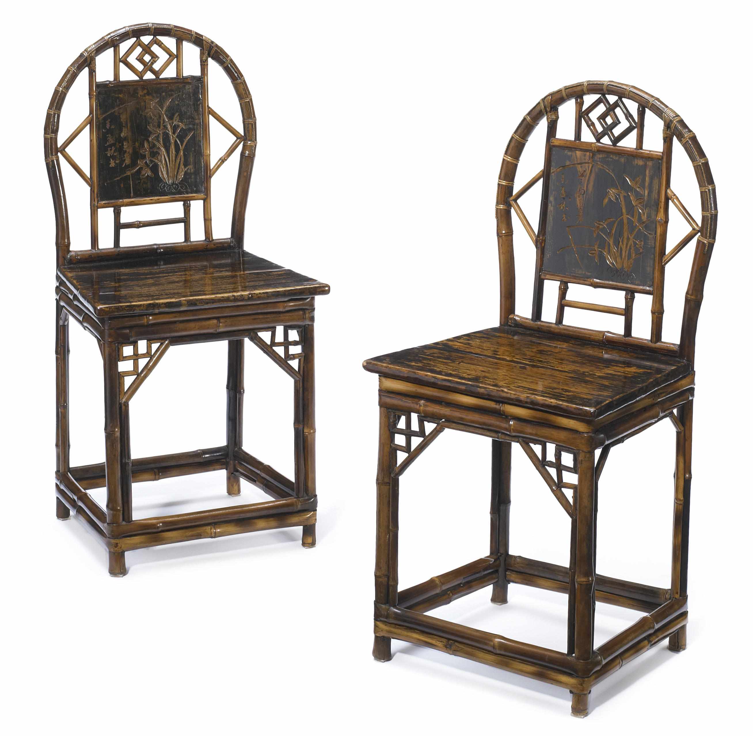 Appraisal: A pair of Aesthetic style chinoiserie decorated bamboo side chairs