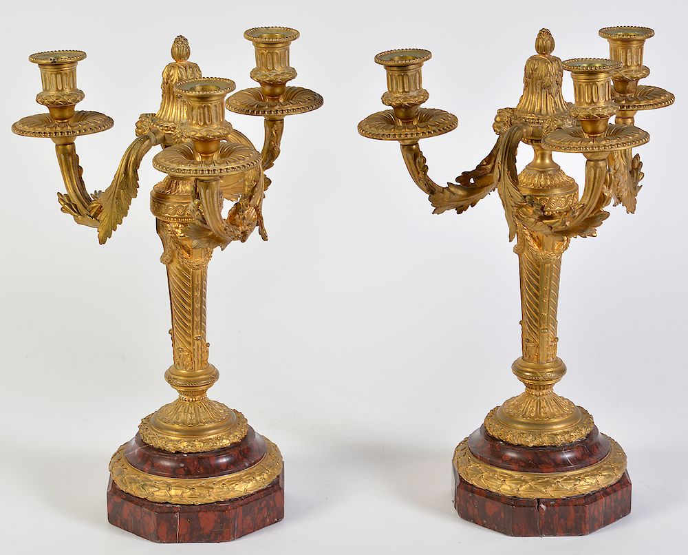 Appraisal: Pr Louis XVI Style Marble Bronze Candelabras Gilt bronze arm