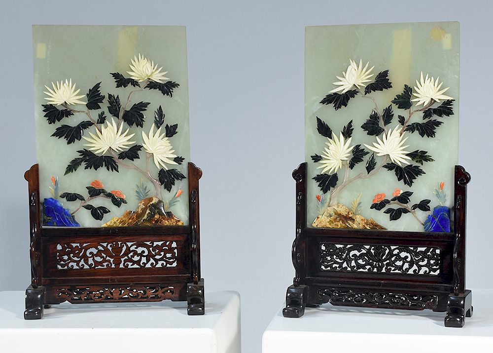 Appraisal: Pair Chinese jade and hardstone table screens Pair Chinese jade