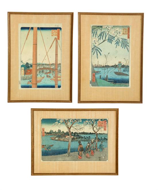 Appraisal: THREE WOODBLOCK PRINTS BY ANDO HIROSHIGE JAPAN - Late th