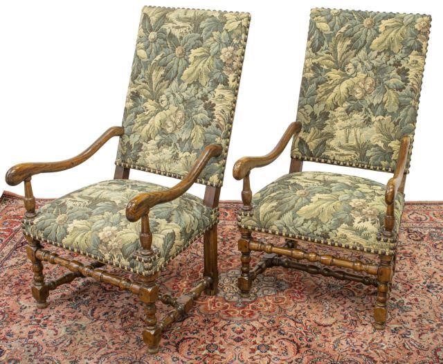 Appraisal: pair French Louis XIII style armchairs th c in foliate