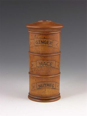 Appraisal: A modern treen spice tower with printed labels for nutmeg