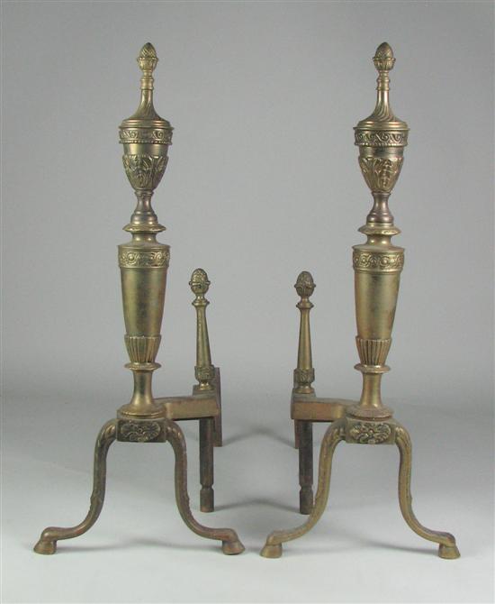 Appraisal: Brass Federal Style Andirons Acorn finials above cast foliate urns