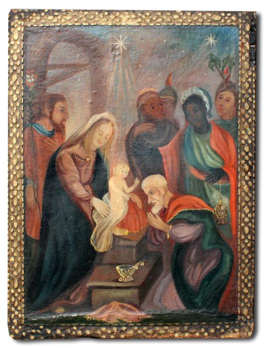 Appraisal: EARLY OIL CANVAS PAINTING NATIVITY SCENE Possibly th c or