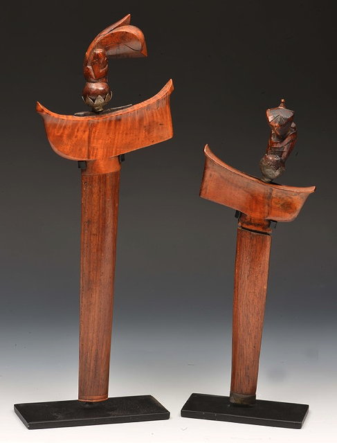 Appraisal: TWO MALAY KRIS with steel blades and stylised bird handles