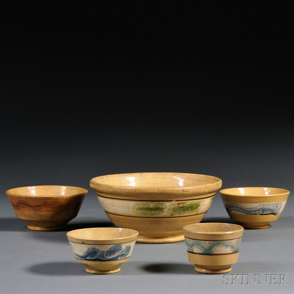 Appraisal: Five Mocha Seaweed-decorated Yellowware Bowls North America or England c