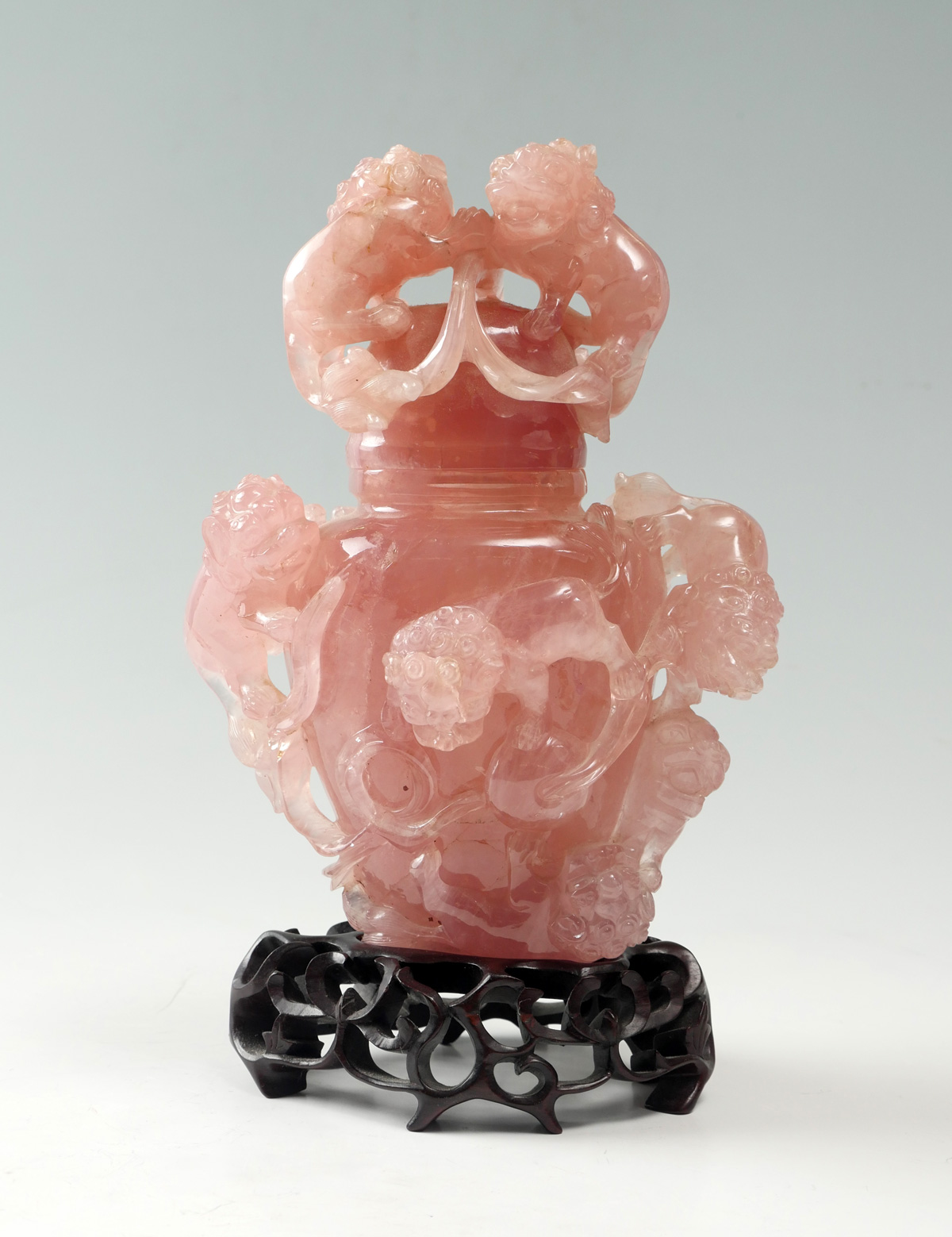 Appraisal: HEAVY CARVED ROSE QUARTZ FOO DOG URN ON STAND Carved