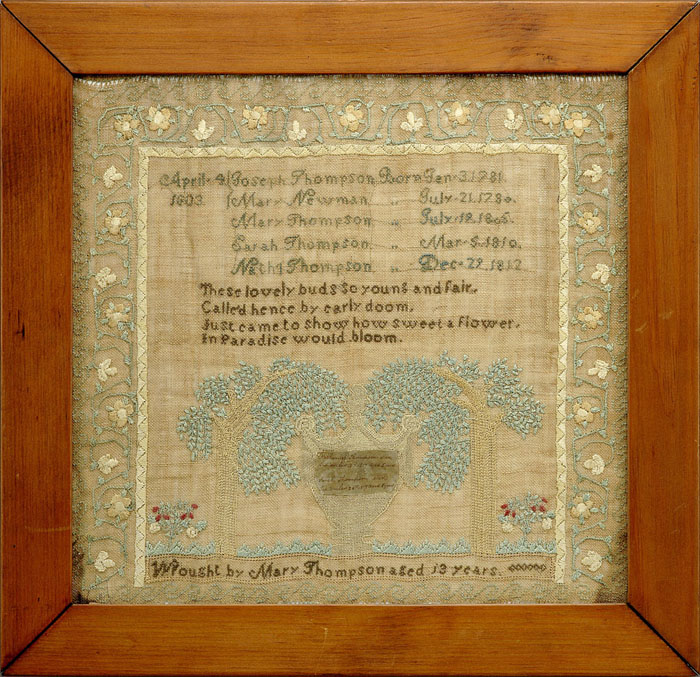 Appraisal: MASSACHUSETTS NEEDLEWORK MEMORIAL SAMPLER OF THE JOSEPH THOMPSON FAMILY Silk