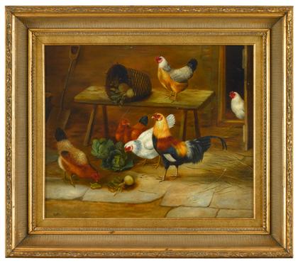 Appraisal: American School th century chickens and rooster eating vegetables