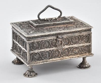 Appraisal: A Silver Filagree Trinket Box The box stands on four