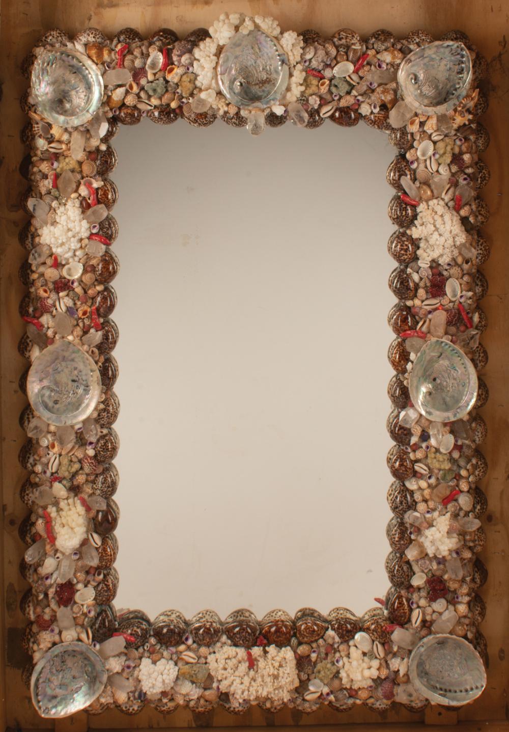 Appraisal: Seahell Encrusted Grotto-Style Mirror rectangular mirror plate surrounded with abalone