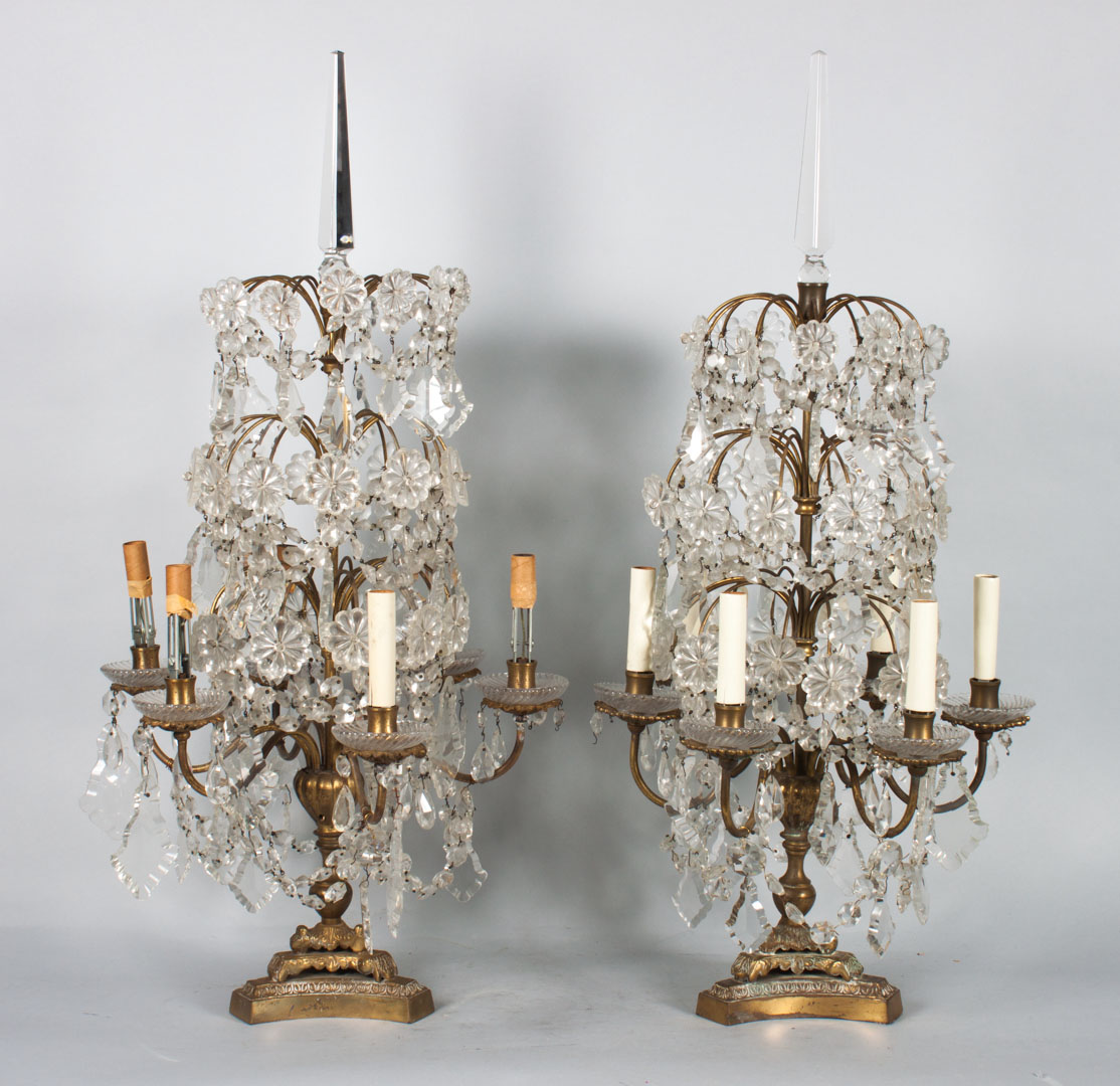 Appraisal: Pair of Louis XV style brass and prism candelabras first