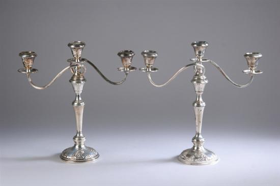 Appraisal: PAIR WALLACE STERLING SILVER THREE-LIGHT CANDELABRA Circular bases with scroll