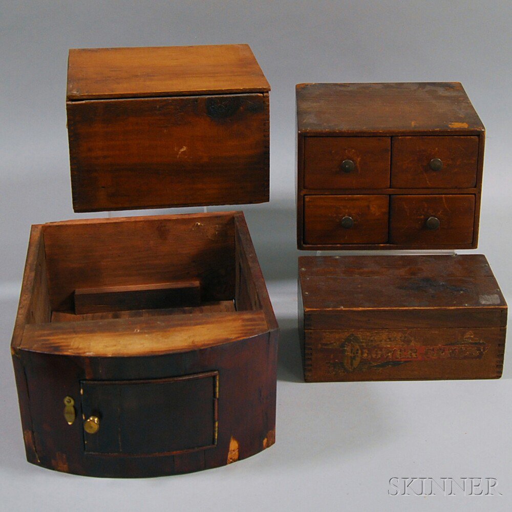 Appraisal: Four Wooden Boxes a flower seed box with paper label