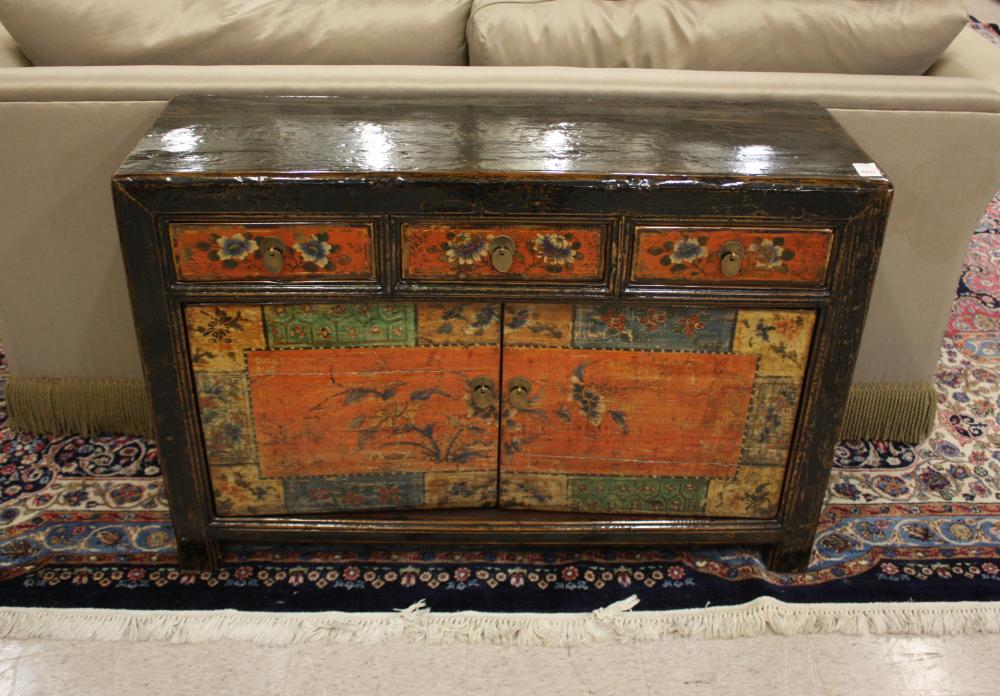 Appraisal: CHINESE EXPORT SIDE CABINET featuring paint-decorated cabinet doors and drawer