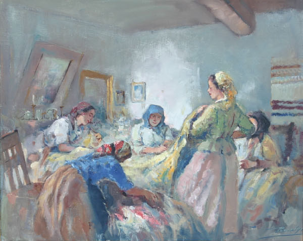 Appraisal: Antal Anton Peczely Hungarian domestic quilting scene oil on canvas