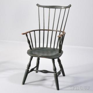 Appraisal: Green-painted Comb-back Windsor Armchair New England c with serpentine cresting