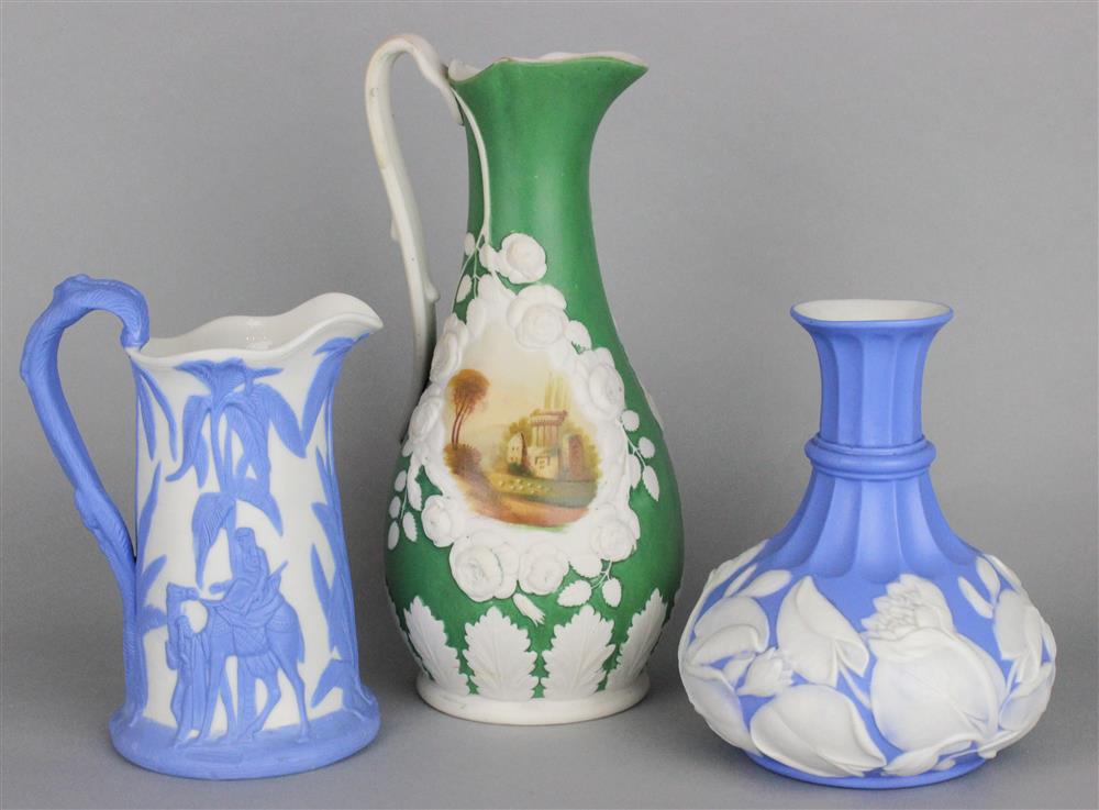 Appraisal: TWO ALCOCK BLUE AND WHITE PARIAN PIECES AND ANOTHER JUG