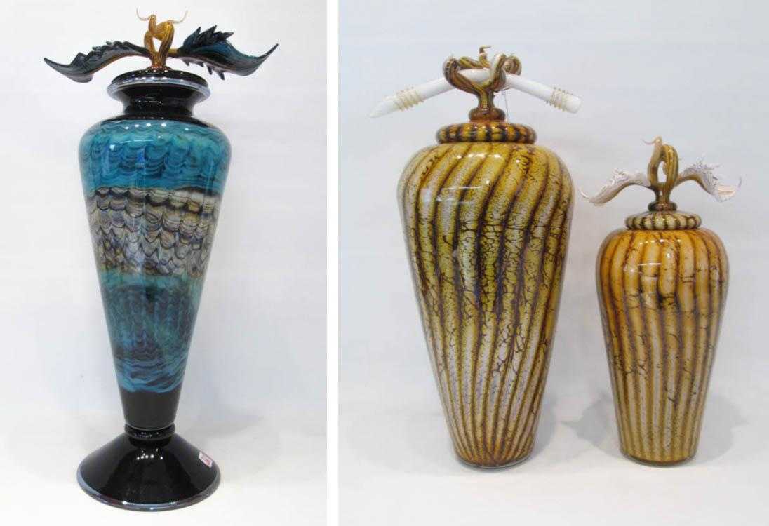 Appraisal: THREE SIGNED STUDIO ART GLASS LIDDED VASES high shouldered various