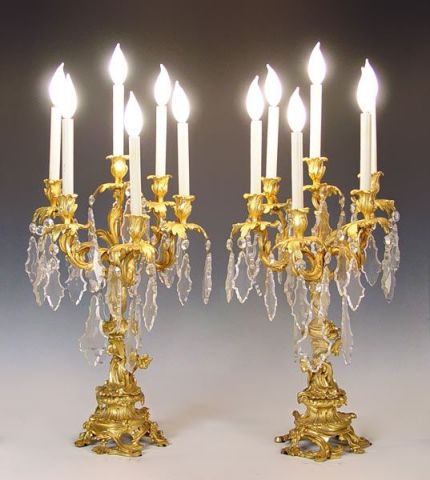 Appraisal: PR TH C FRENCH ROCOCO DORE BRONZE LIGHT CANDELABRA LAMPS